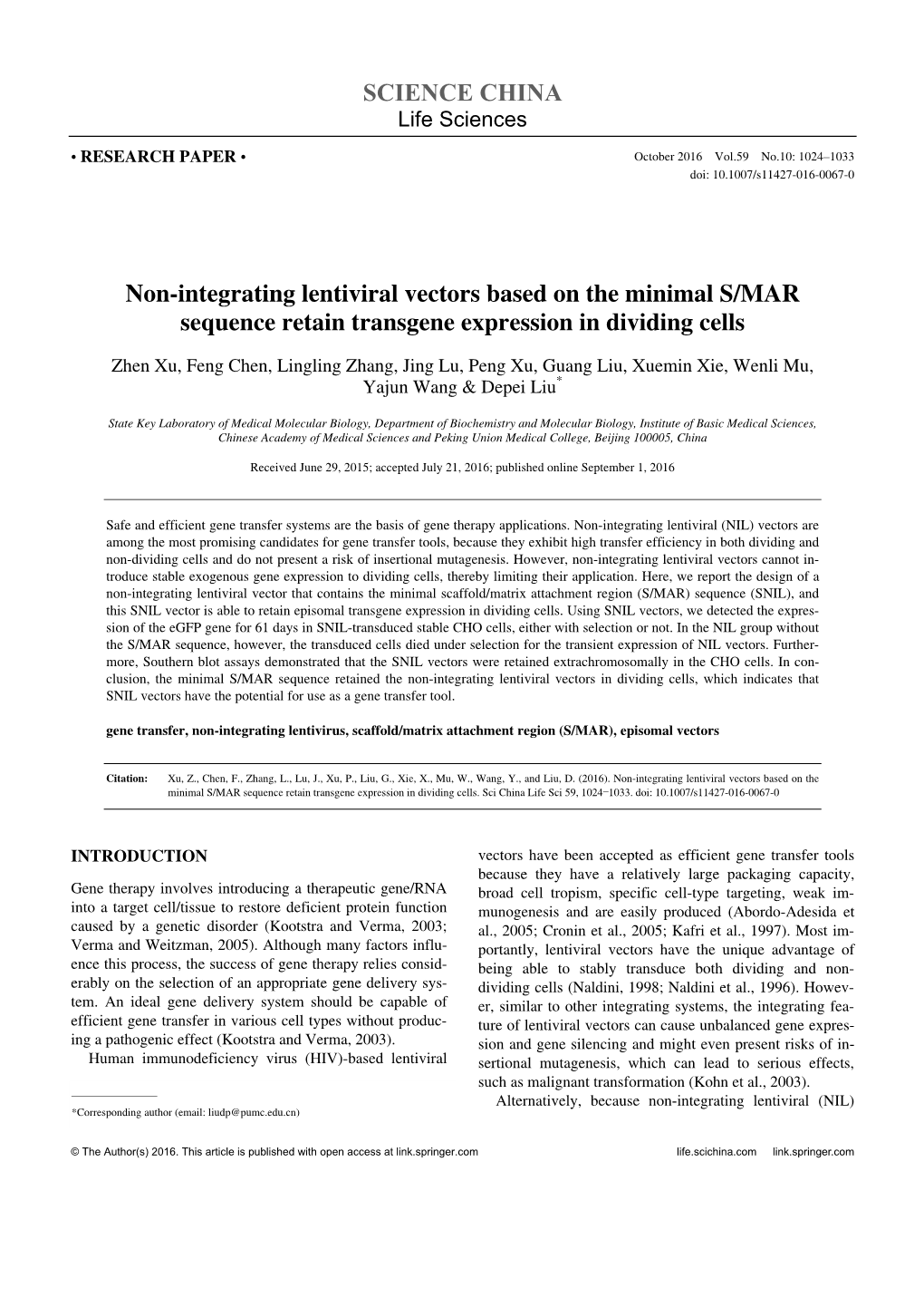 SCIENCE CHINA Non-Integrating Lentiviral Vectors Based on The