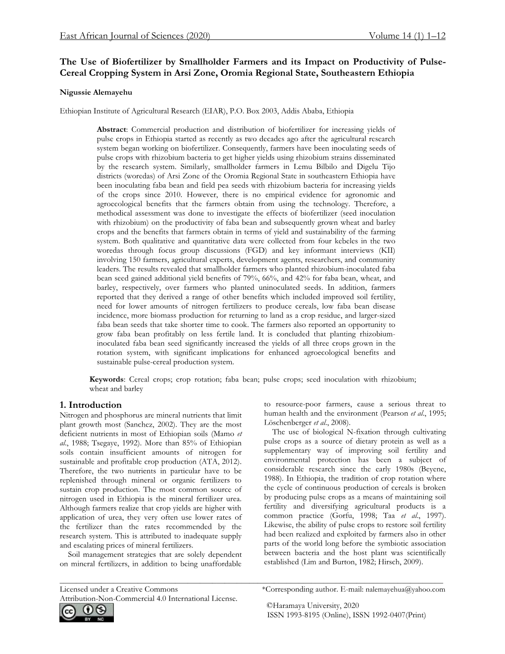 (2020) Volume 14 (1) 1–12 the Use of Biofertilizer by Smallholder Farmers and Its Impact