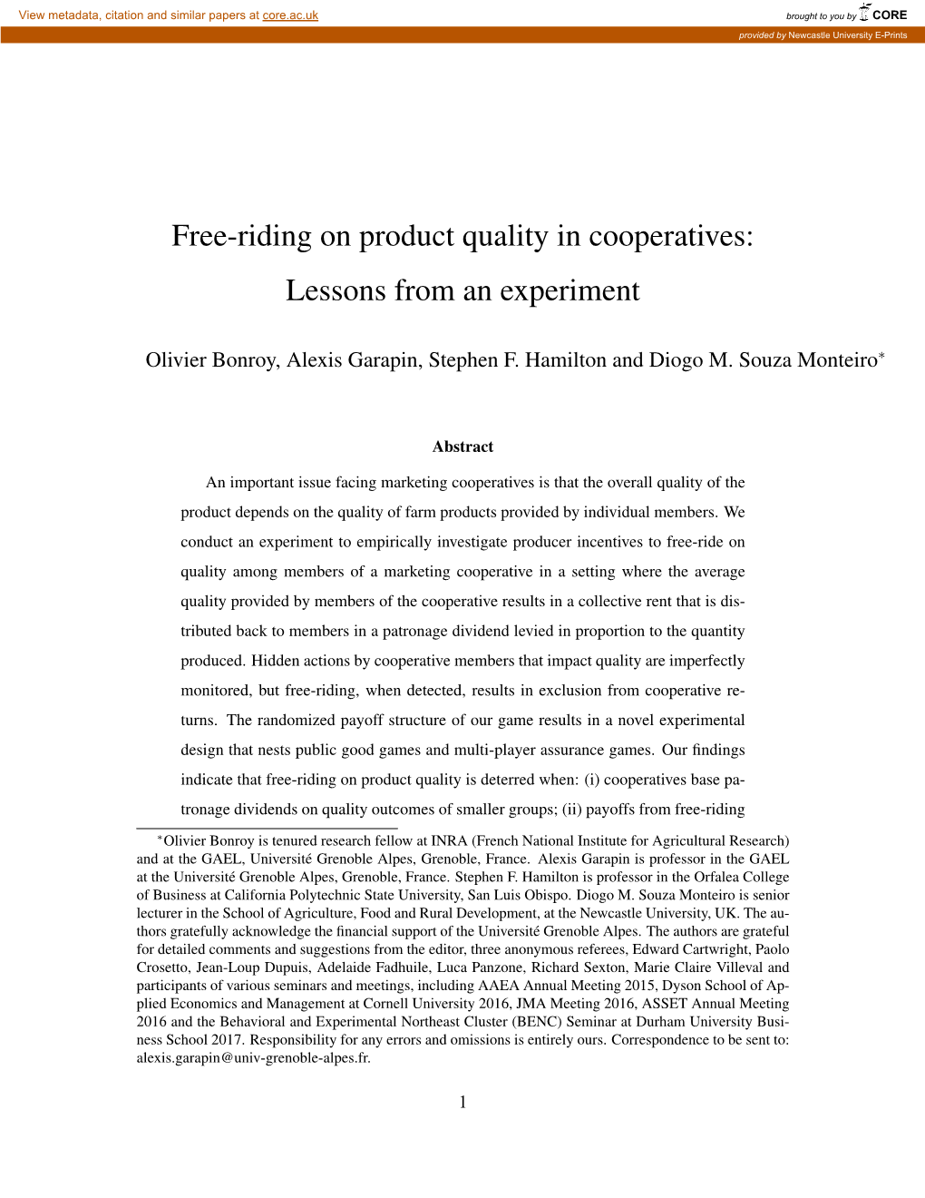 Free-Riding on Product Quality in Cooperatives: Lessons from an Experiment