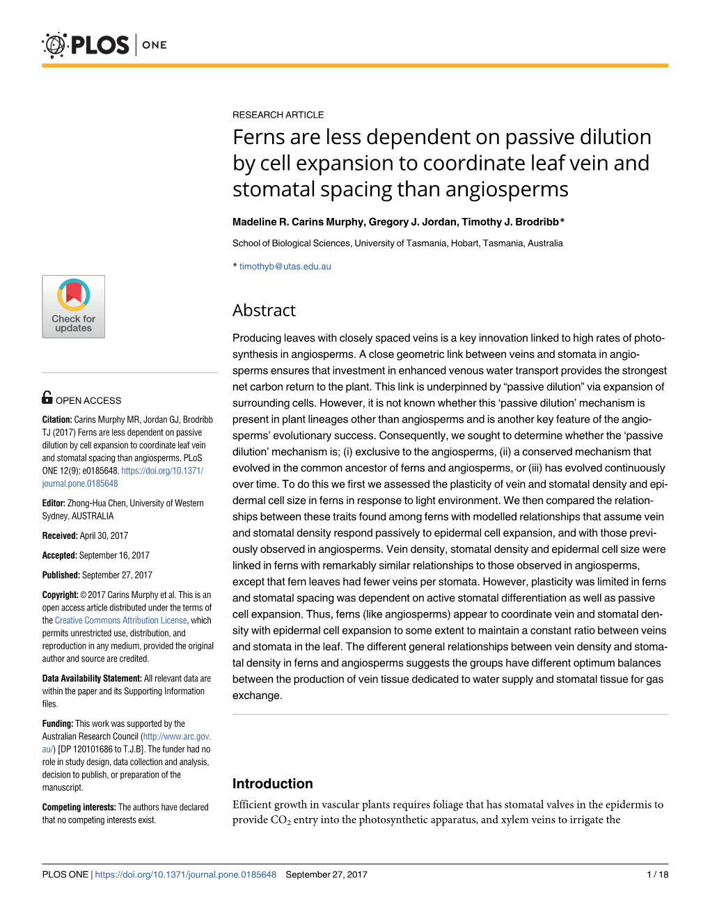 Ferns Are Less Dependent on Passive Dilution by Cell Expansion to Coordinate Leaf Vein and Stomatal Spacing Than Angiosperms