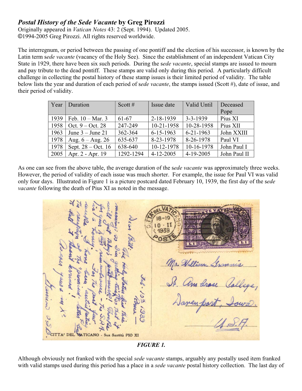 Postal History of the Sede Vacante by Greg Pirozzi Originally Appeared in Vatican Notes 43: 2 (Sept