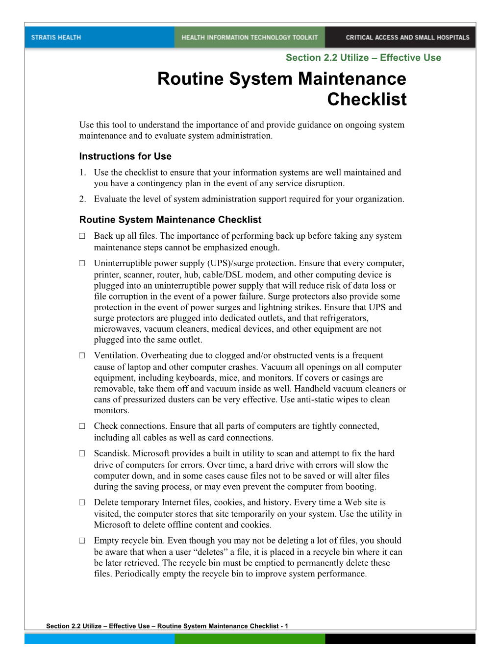 Routine System Maintenance Checklist