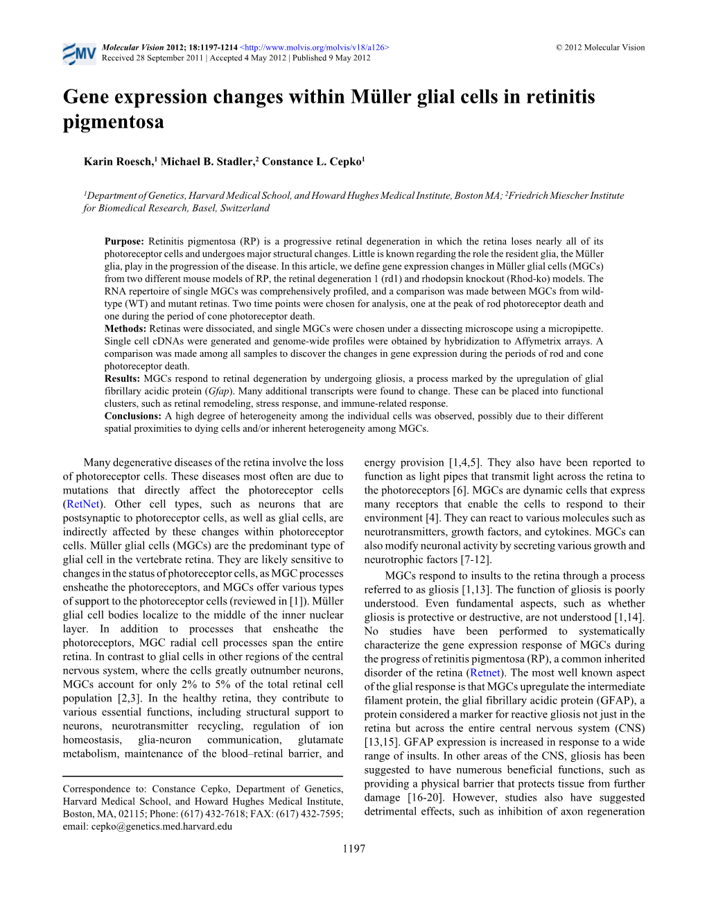 Gene Expression Changes Within Müller Glial Cells in Retinitis Pigmentosa