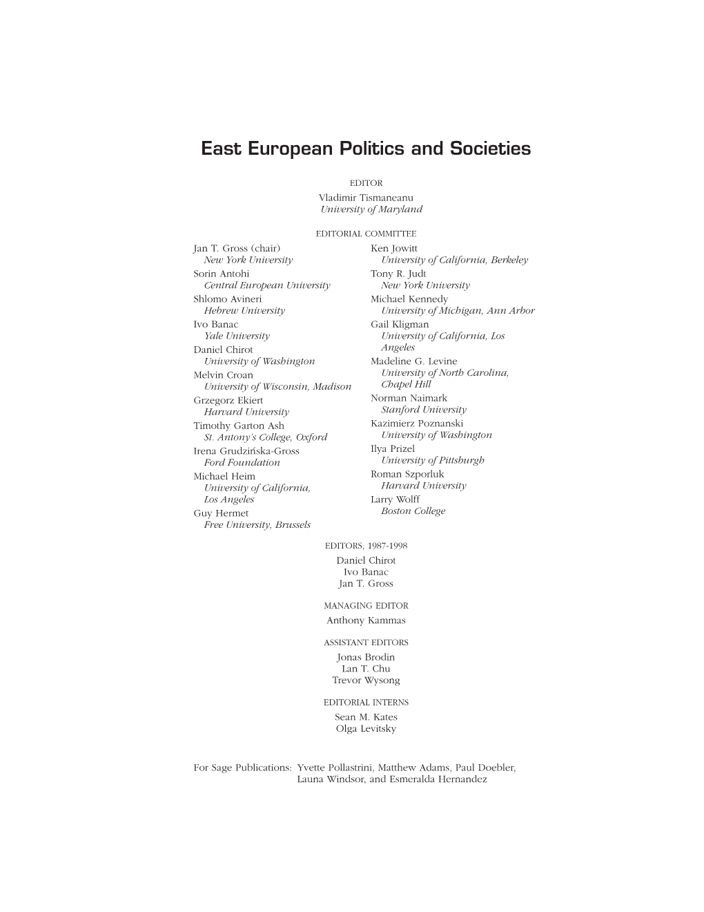 East European Politics and Societies