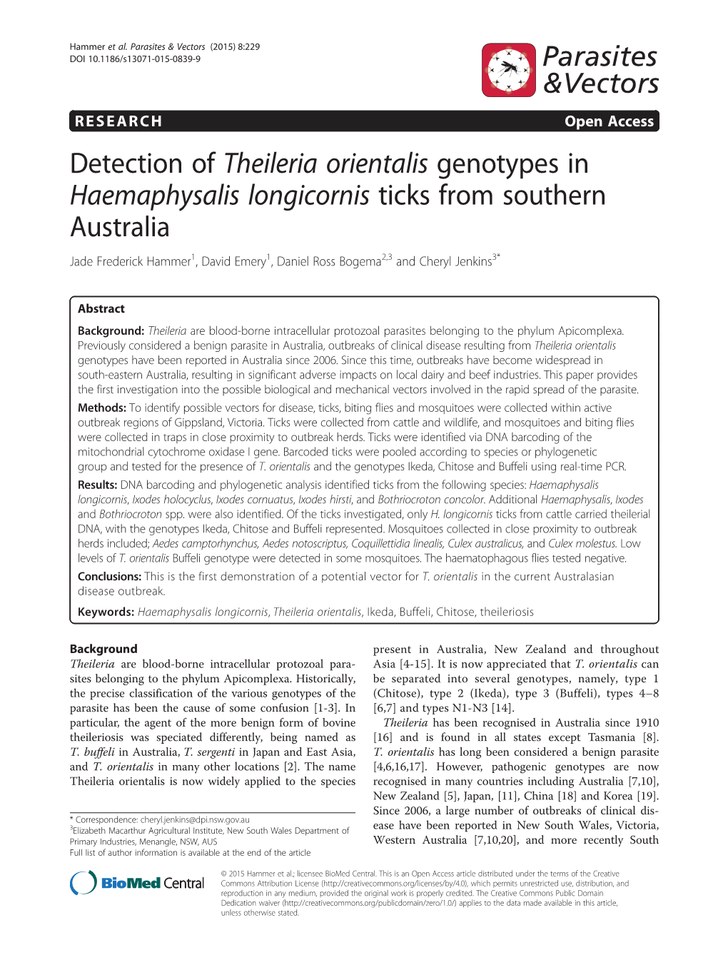 Detection of Theileria Orientalis Genotypes in Haemaphysalis