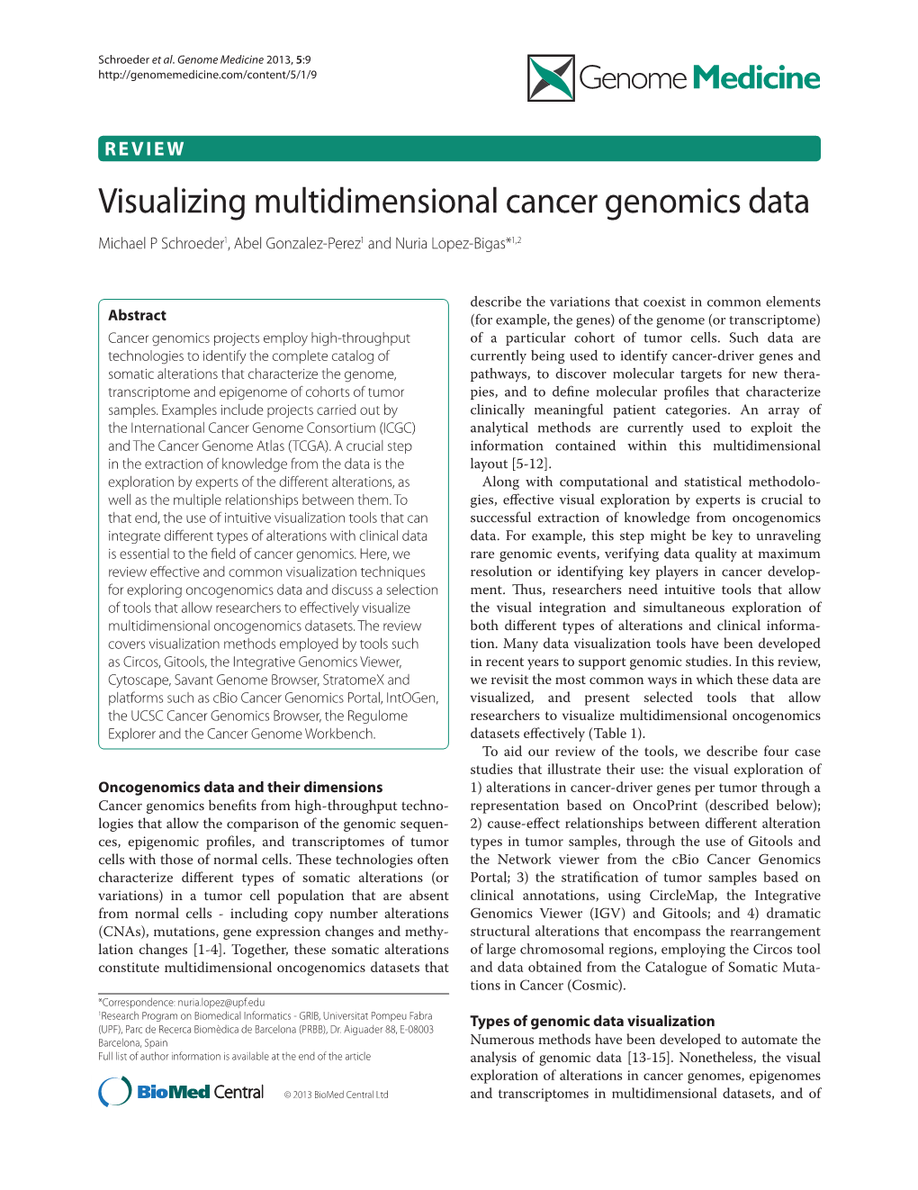 Visualizing Multidimensional Cancer Genomics Data Michael P Schroeder1, Abel Gonzalez-Perez1 and Nuria Lopez-Bigas*1,2