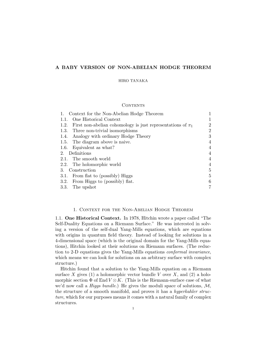 A BABY VERSION of NON-ABELIAN HODGE THEOREM Contents 1