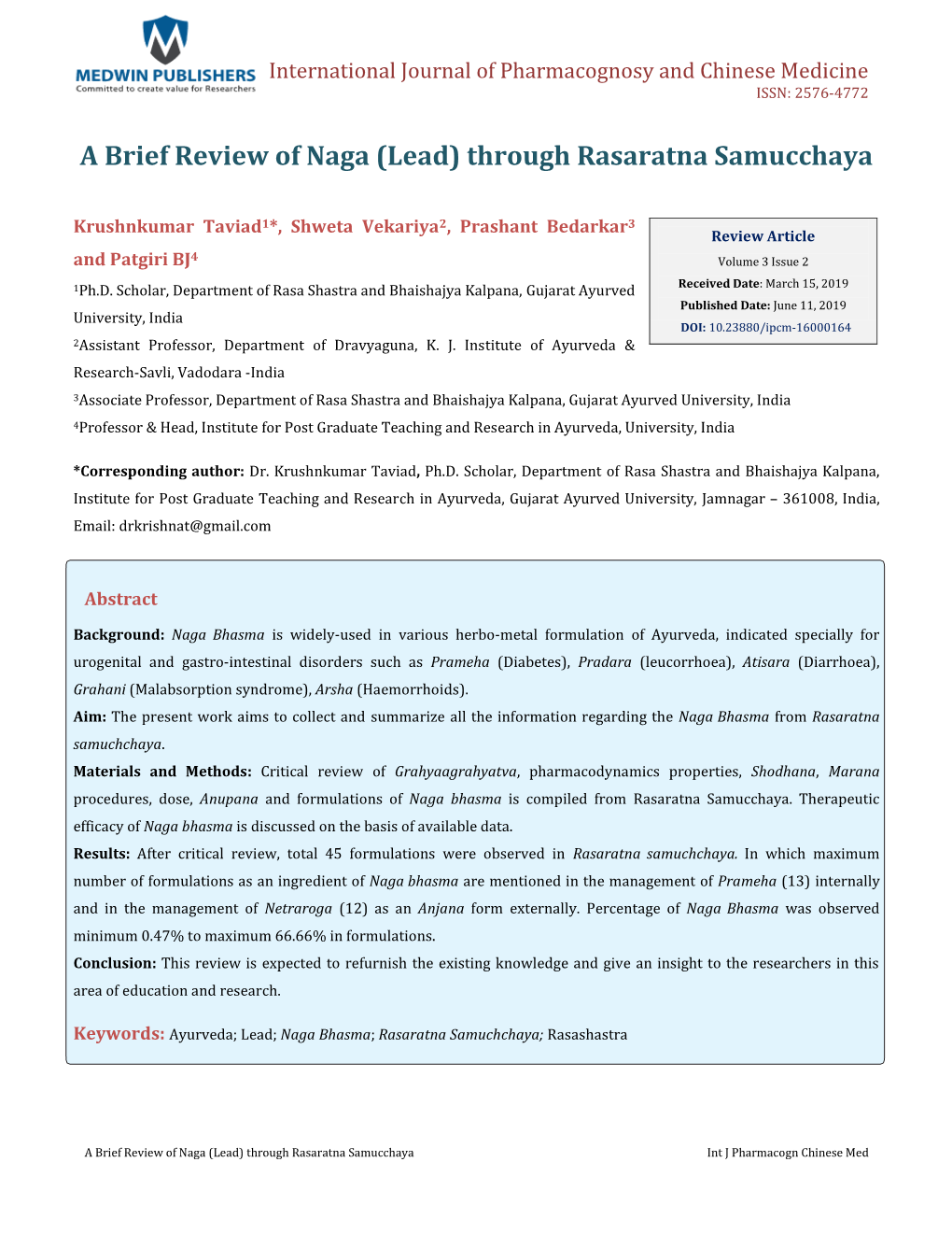 A Brief Review of Naga (Lead) Through Rasaratna Samucchaya