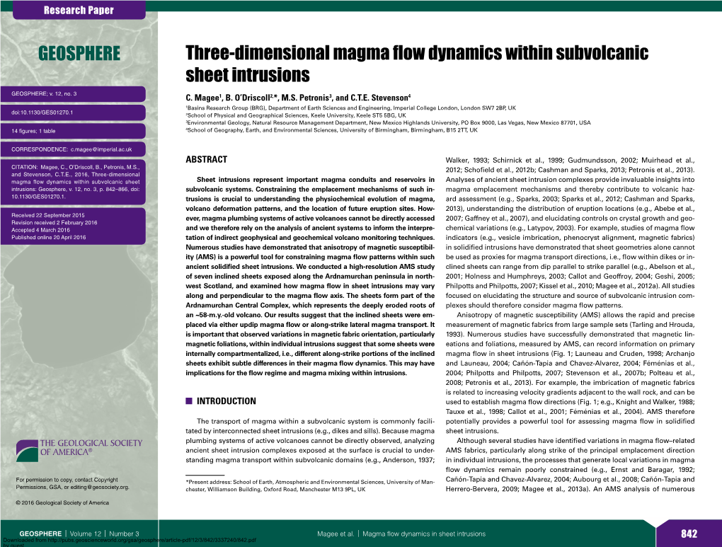 Three-Dimensional Magma Flow Dynamics Within Subvolcanic Sheet Intrusions GEOSPHERE; V