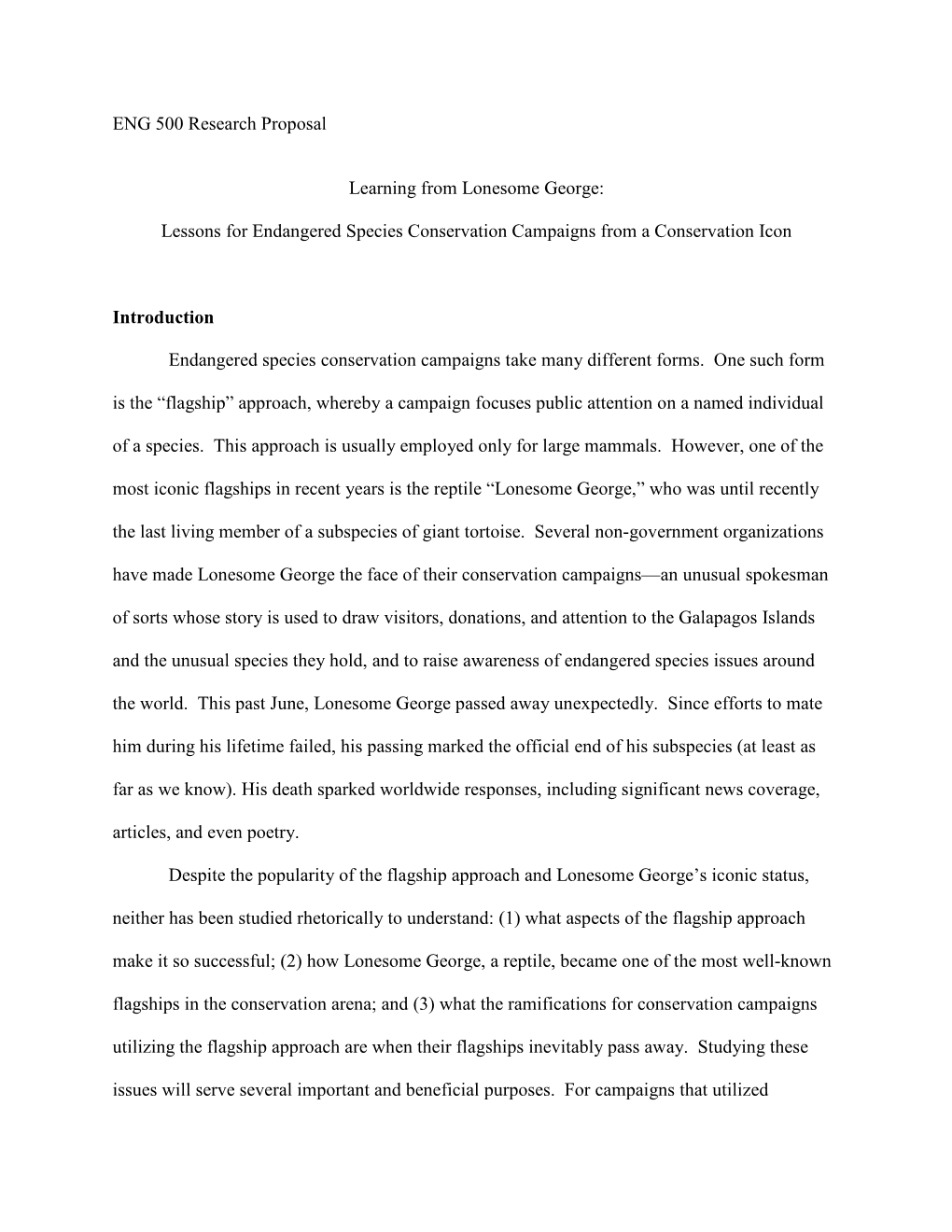 ENG 500 Research Proposal Learning from Lonesome George