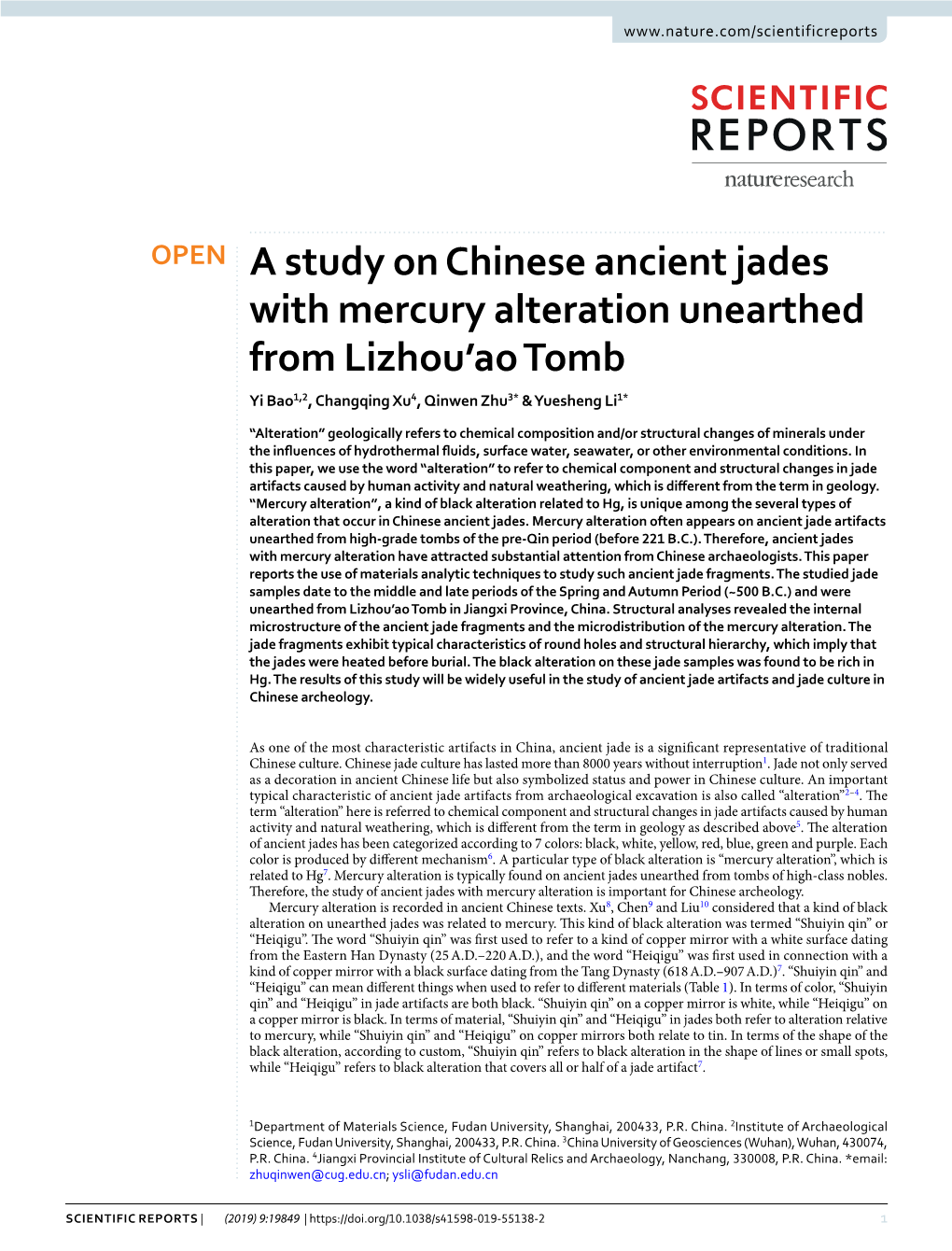 A Study on Chinese Ancient Jades with Mercury Alteration Unearthed from Lizhou’Ao Tomb Yi Bao1,2, Changqing Xu4, Qinwen Zhu3* & Yuesheng Li1*
