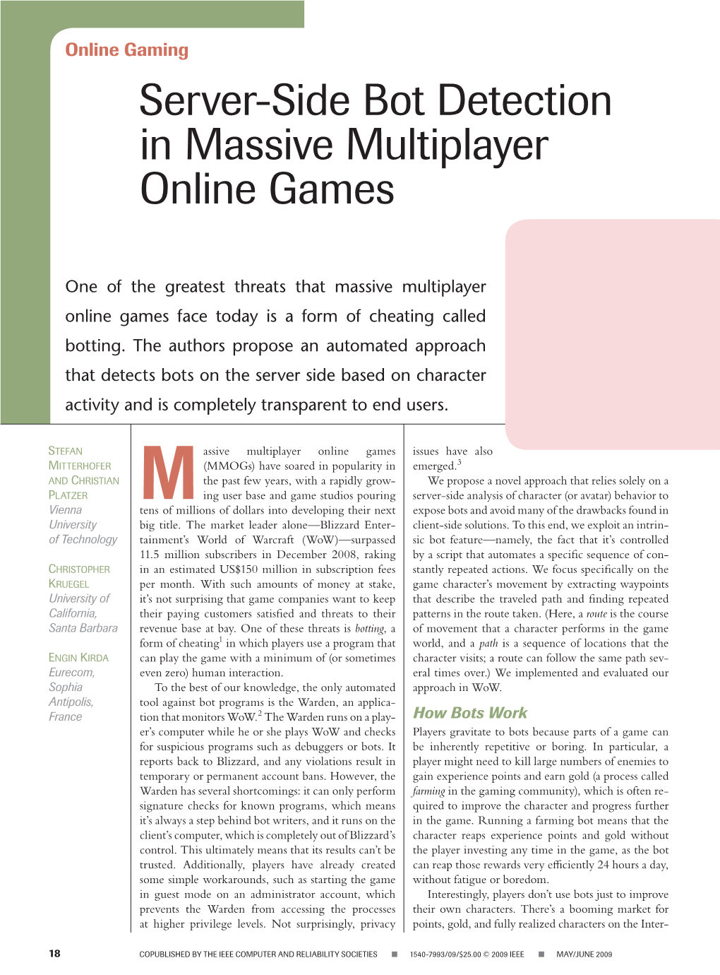 Server-Side Bot Detection in Massive Multiplayer Online Games