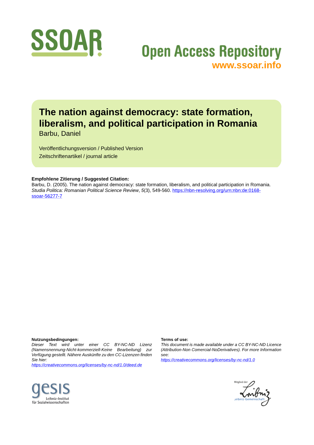 The Nation Against Democracy: State Formation, Liberalism, and Political Participation in Romania Barbu, Daniel