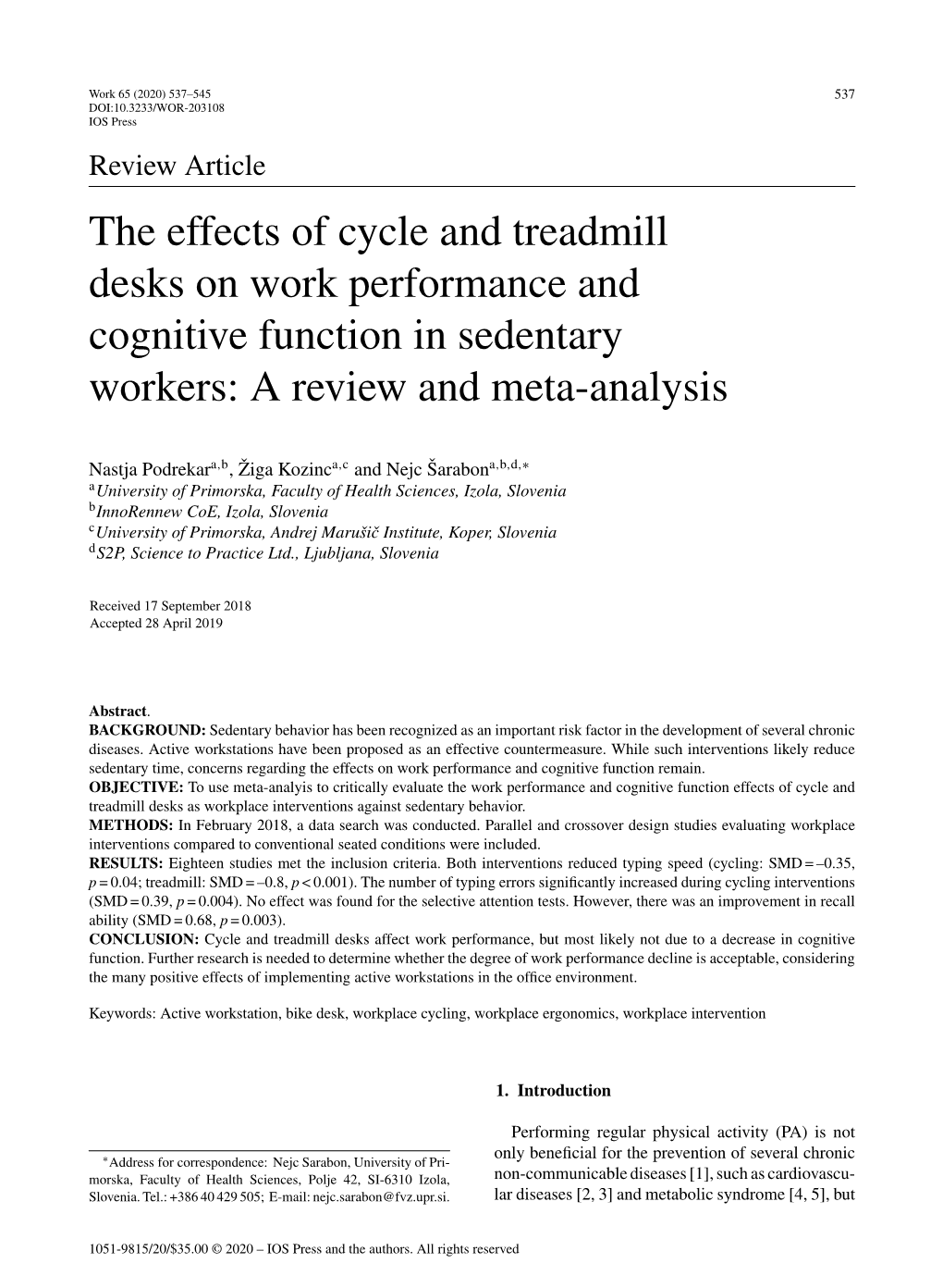 The Effects of Cycle and Treadmill Desks on Work Performance and Cognitive Function in Sedentary Workers: a Review and Meta-Analysis