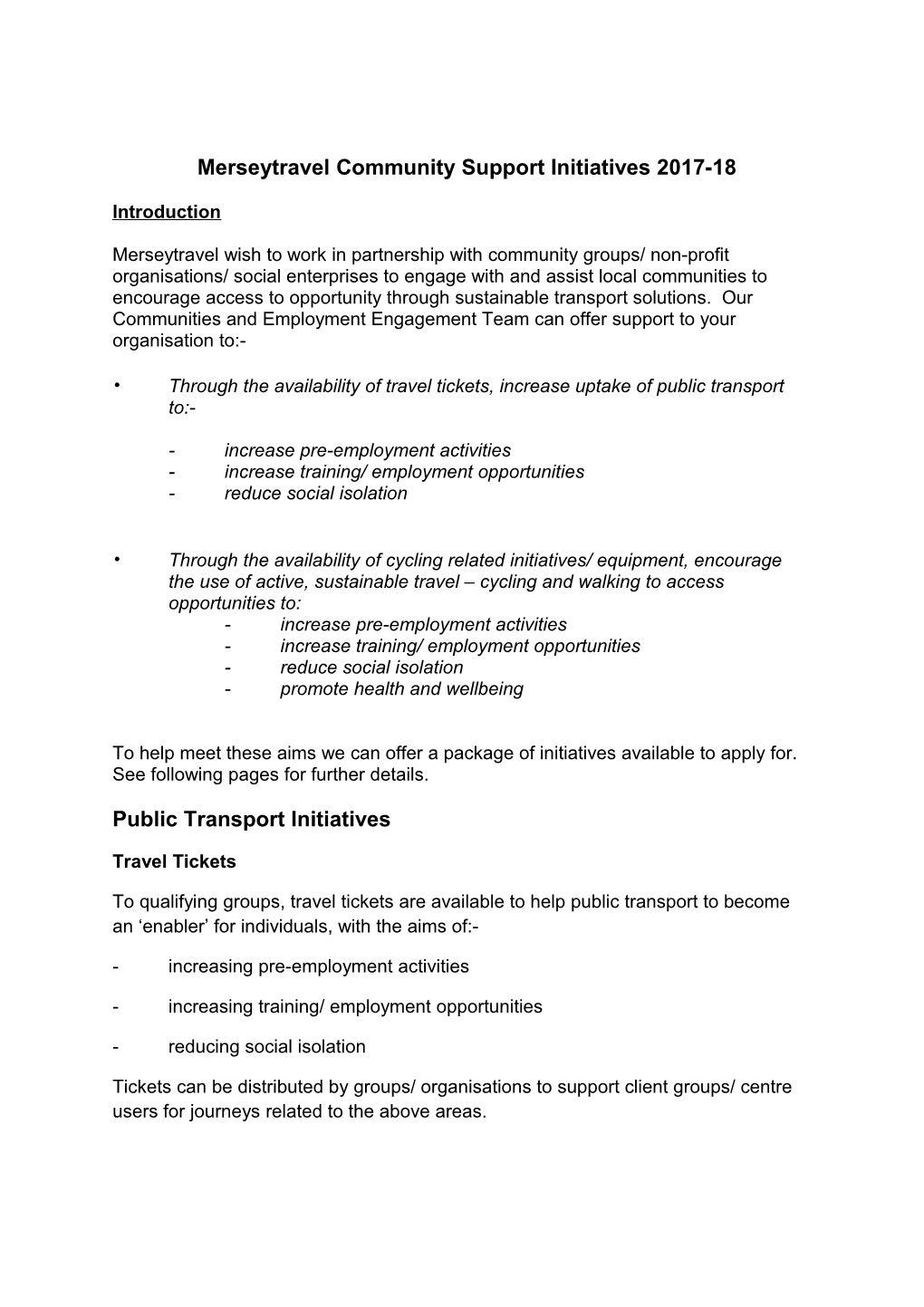 Merseytravel Community Support Initiatives 2017-18