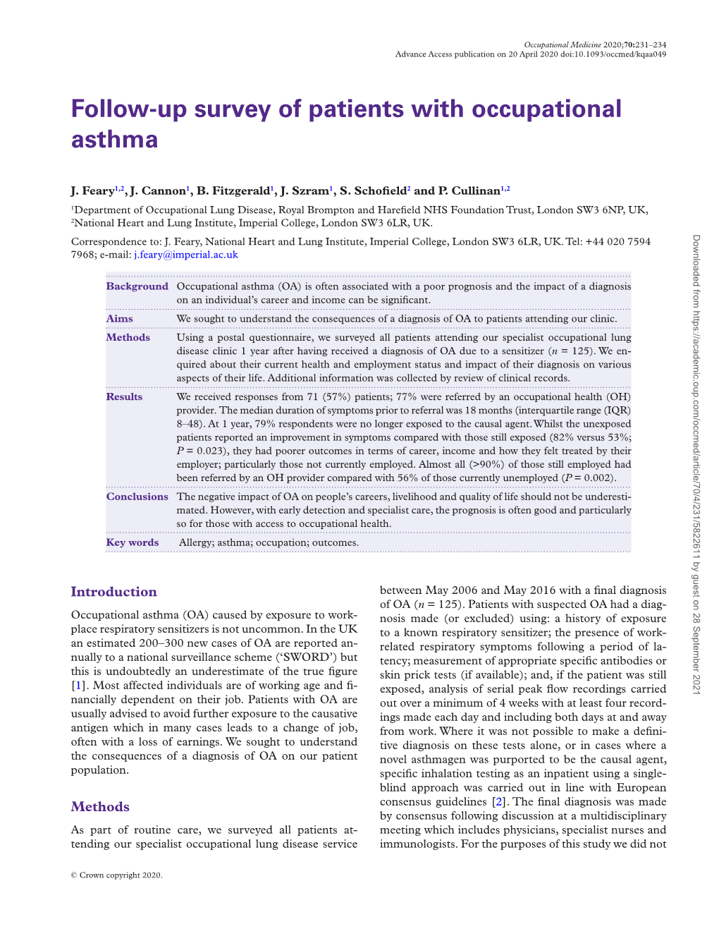 Follow-Up Survey of Patients with Occupational Asthma