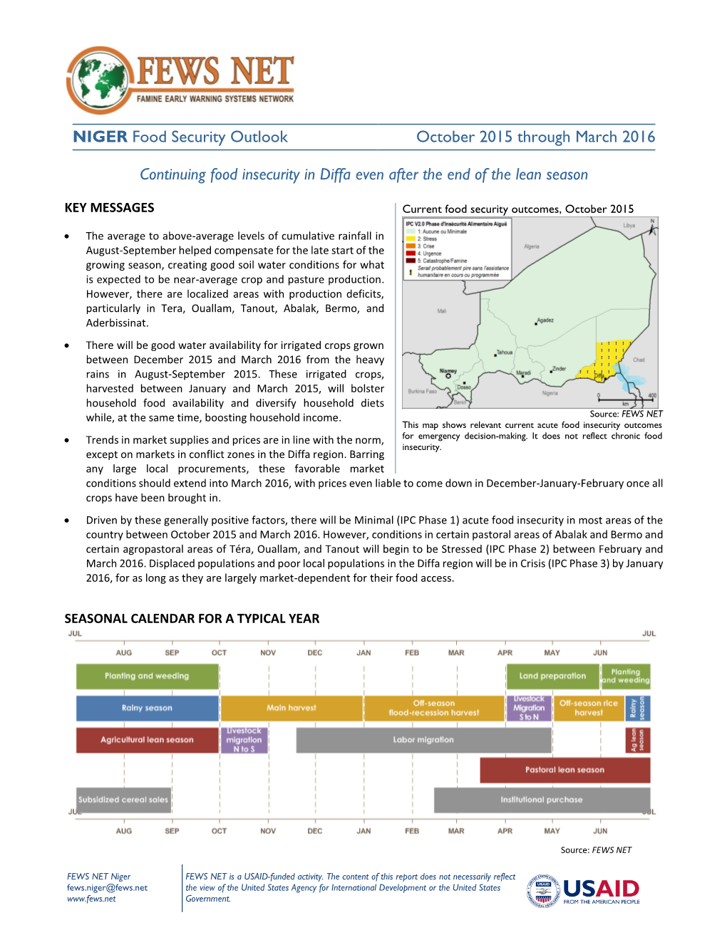 NIGER Food Security Outlook October 2015 Through March 2016