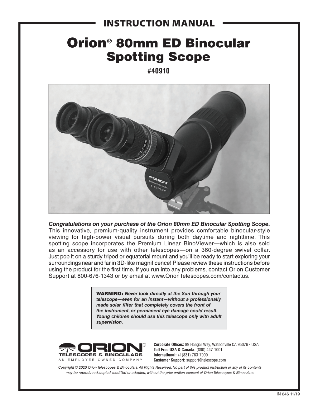 Orion 80Mm ED Binocular Spotting Scope