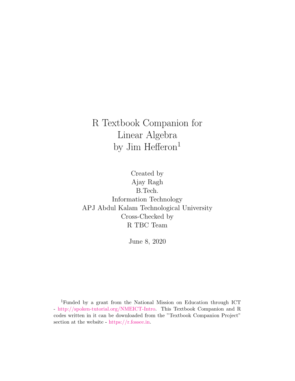 R Textbook Companion for Linear Algebra by Jim Hefferon