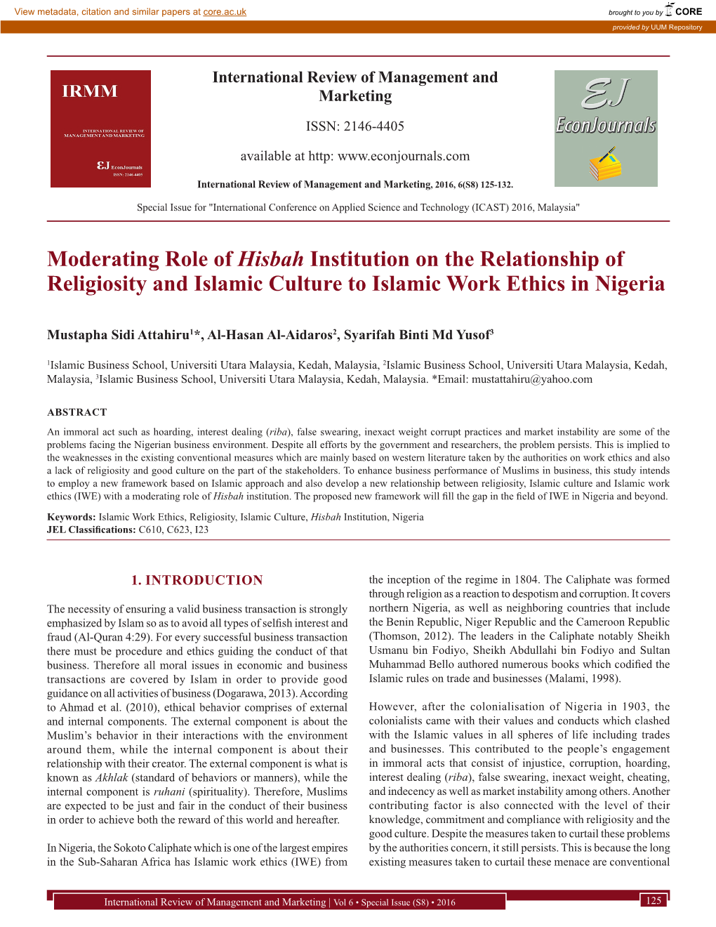 Moderating Role of Hisbah Institution on the Relationship of Religiosity and Islamic Culture to Islamic Work Ethics in Nigeria