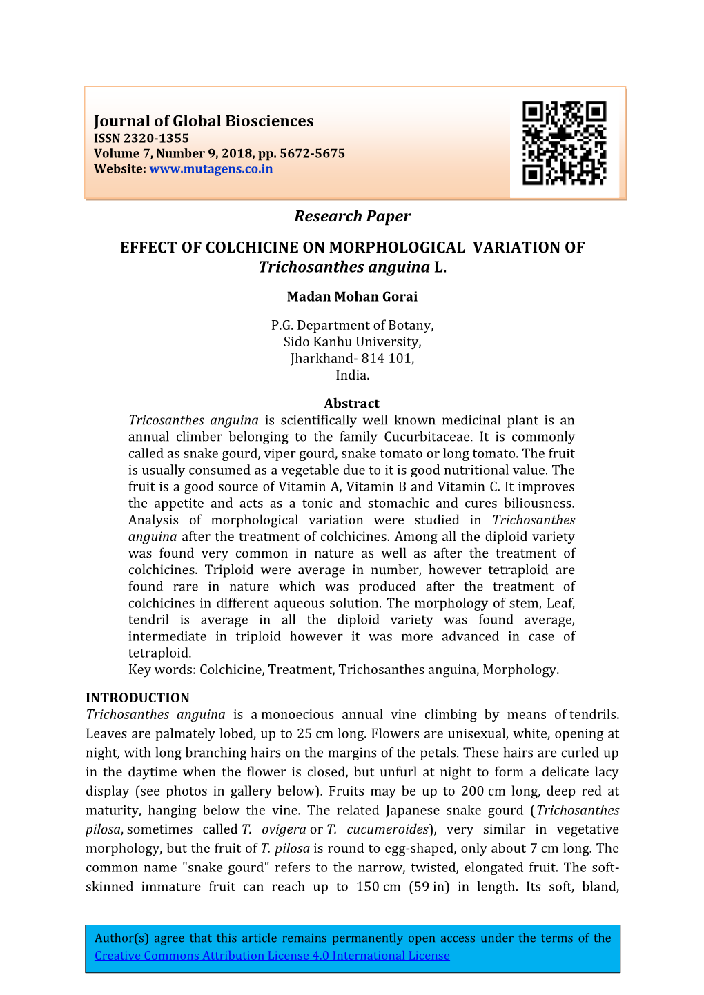 Research Paper EFFECT of COLCHICINE on MORPHOLOGICAL VARIATION of Trichosanthes Anguina L