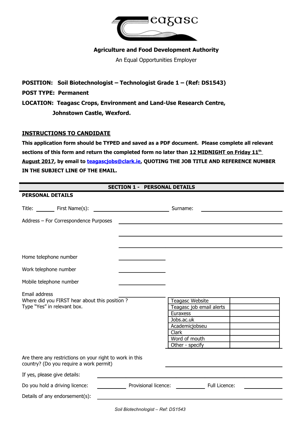 Soil Biotechnologist Application Form DS1543 Final