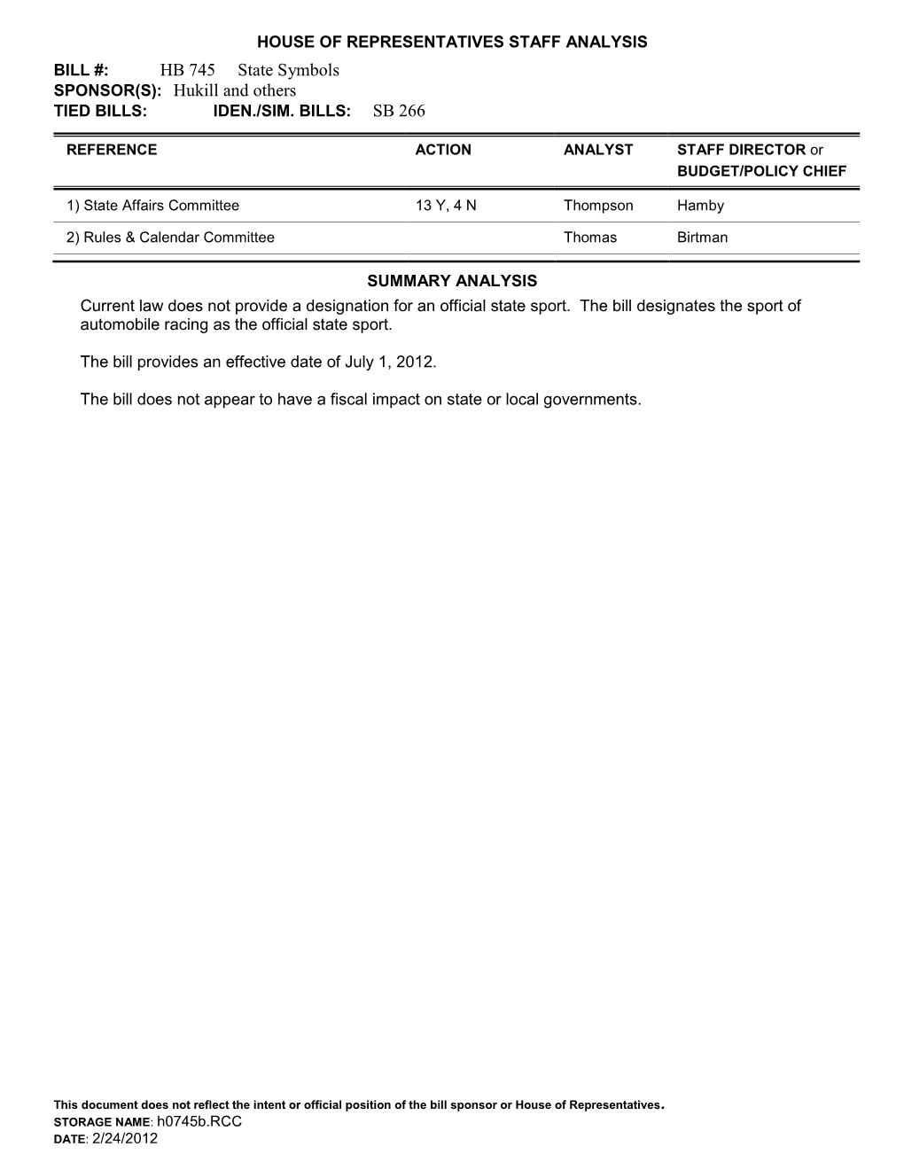 HB 745 State Symbols SPONSOR(S): Hukill and Others SB