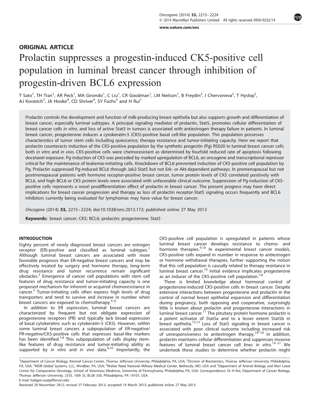 Prolactin Suppresses a Progestin-Induced CK5-Positive Cell Population in Luminal Breast Cancer Through Inhibition of Progestin-Driven BCL6 Expression