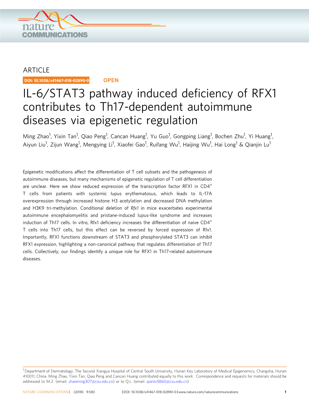 IL-6/STAT3 Pathway Induced Deficiency of RFX1 Contributes To