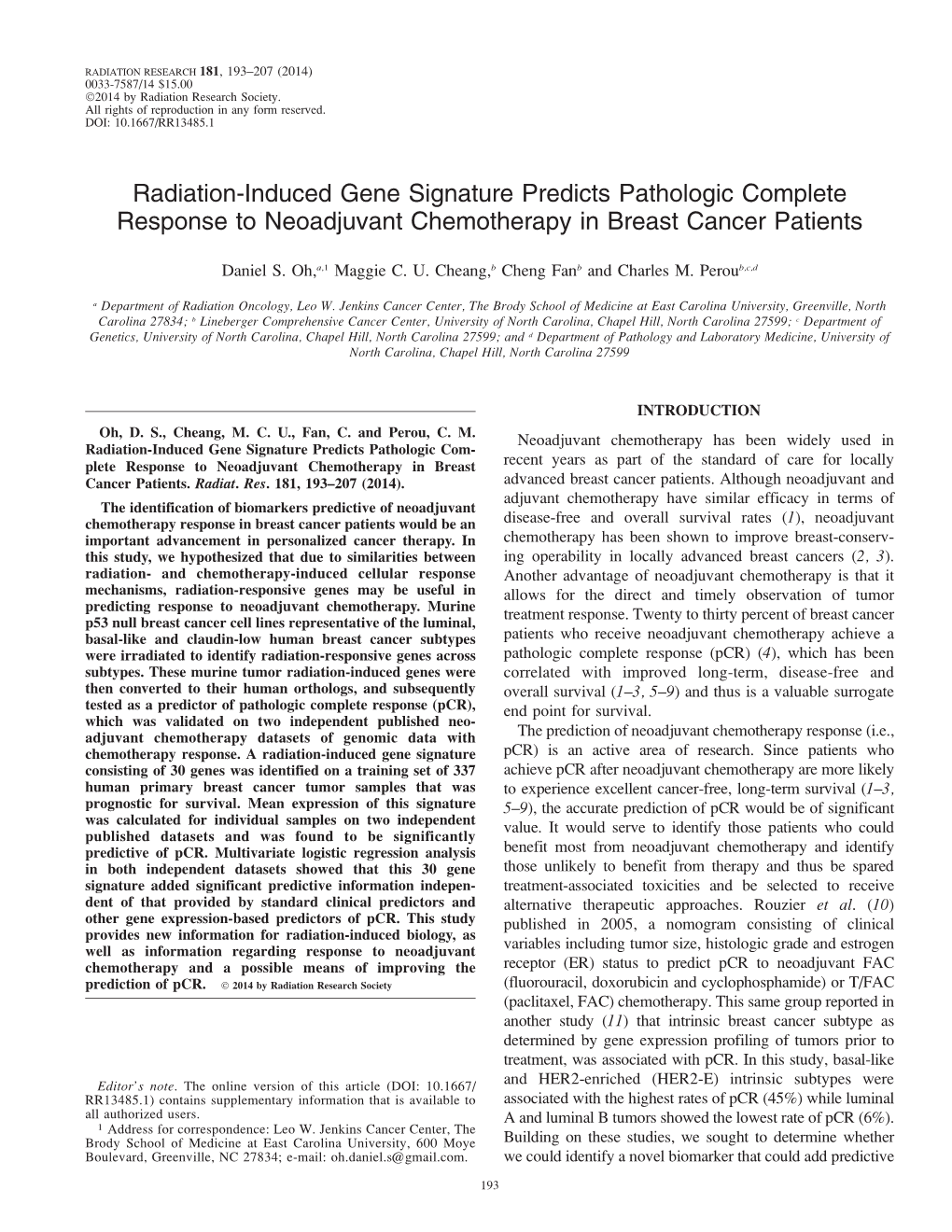 Radiation-Induced Gene Signature Predicts Pathologic Complete Response to Neoadjuvant Chemotherapy in Breast Cancer Patients