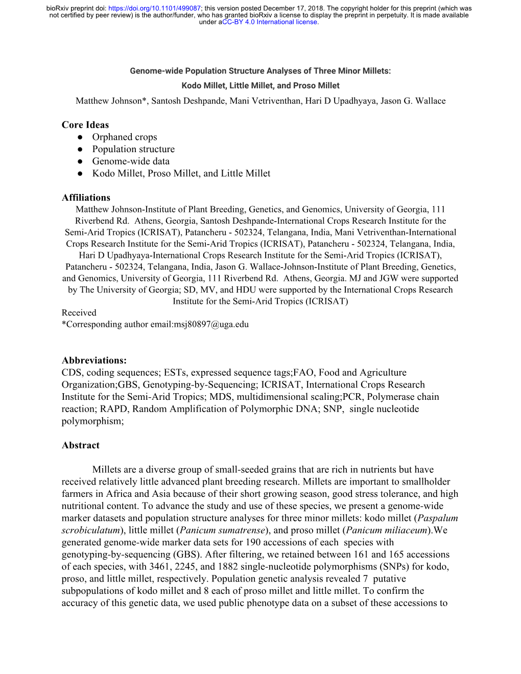 Genome-Wide Population Structure Analyses of Three Minor Millets