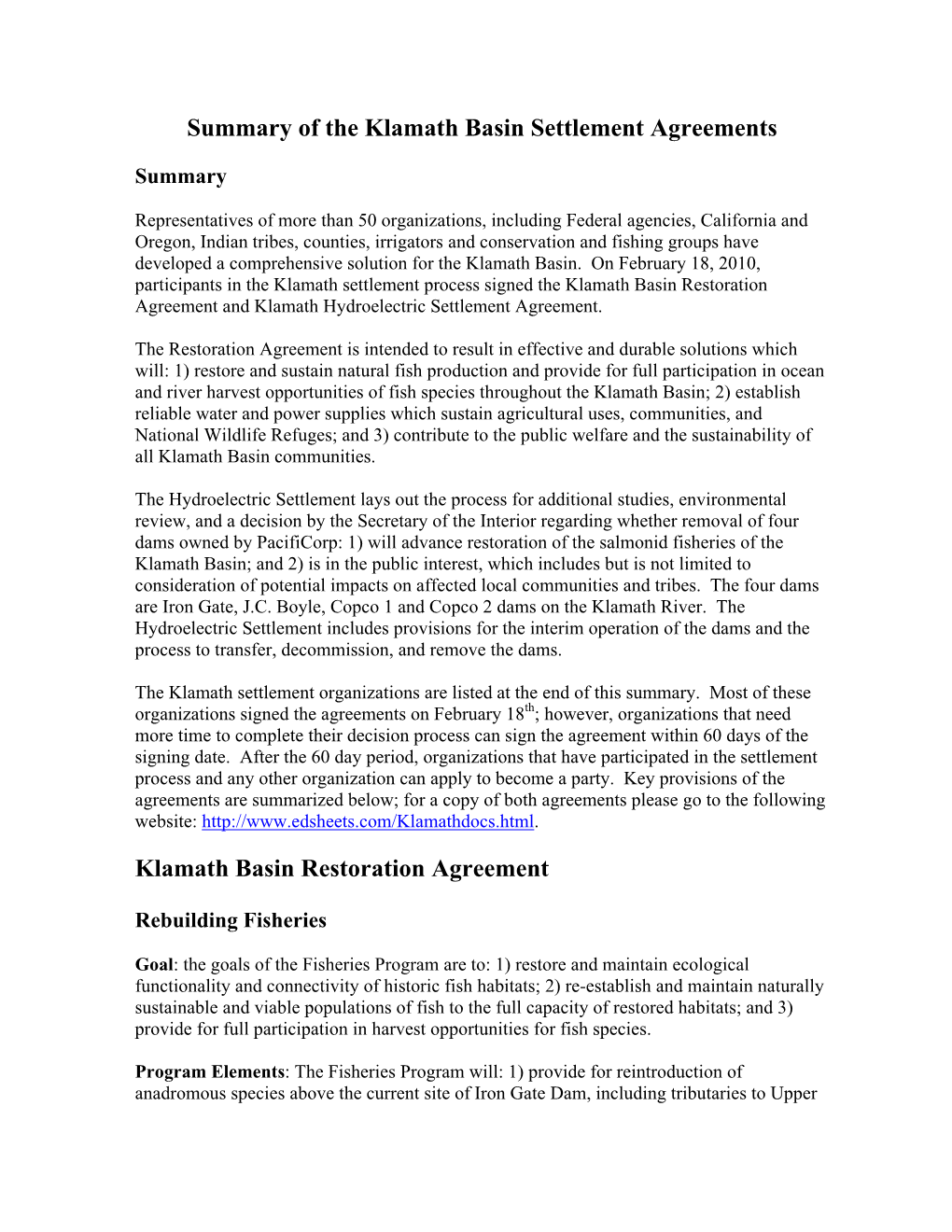 Summary of the Klamath Basin Settlement Agreements