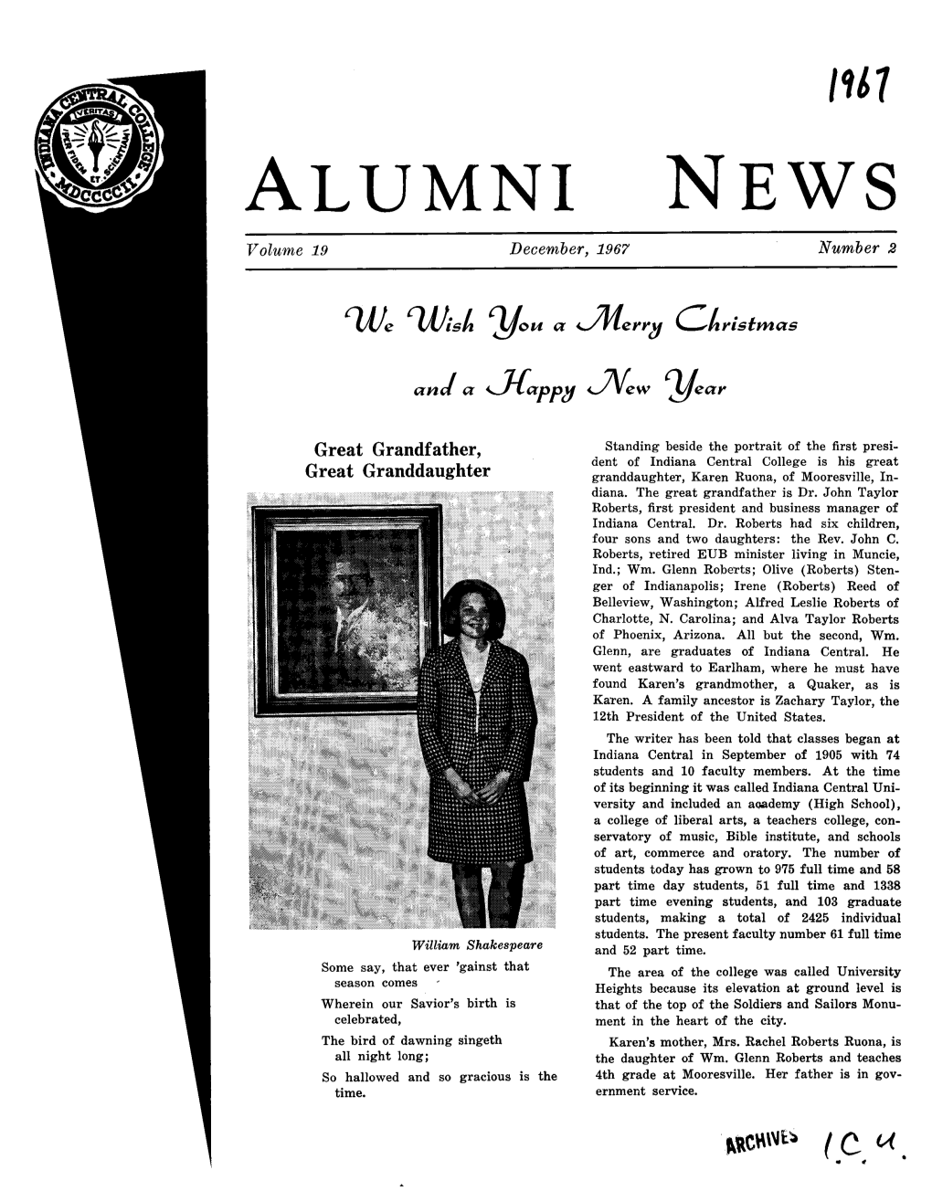 ALUMNI NEWS Volume 19 December, 1967 Number 2