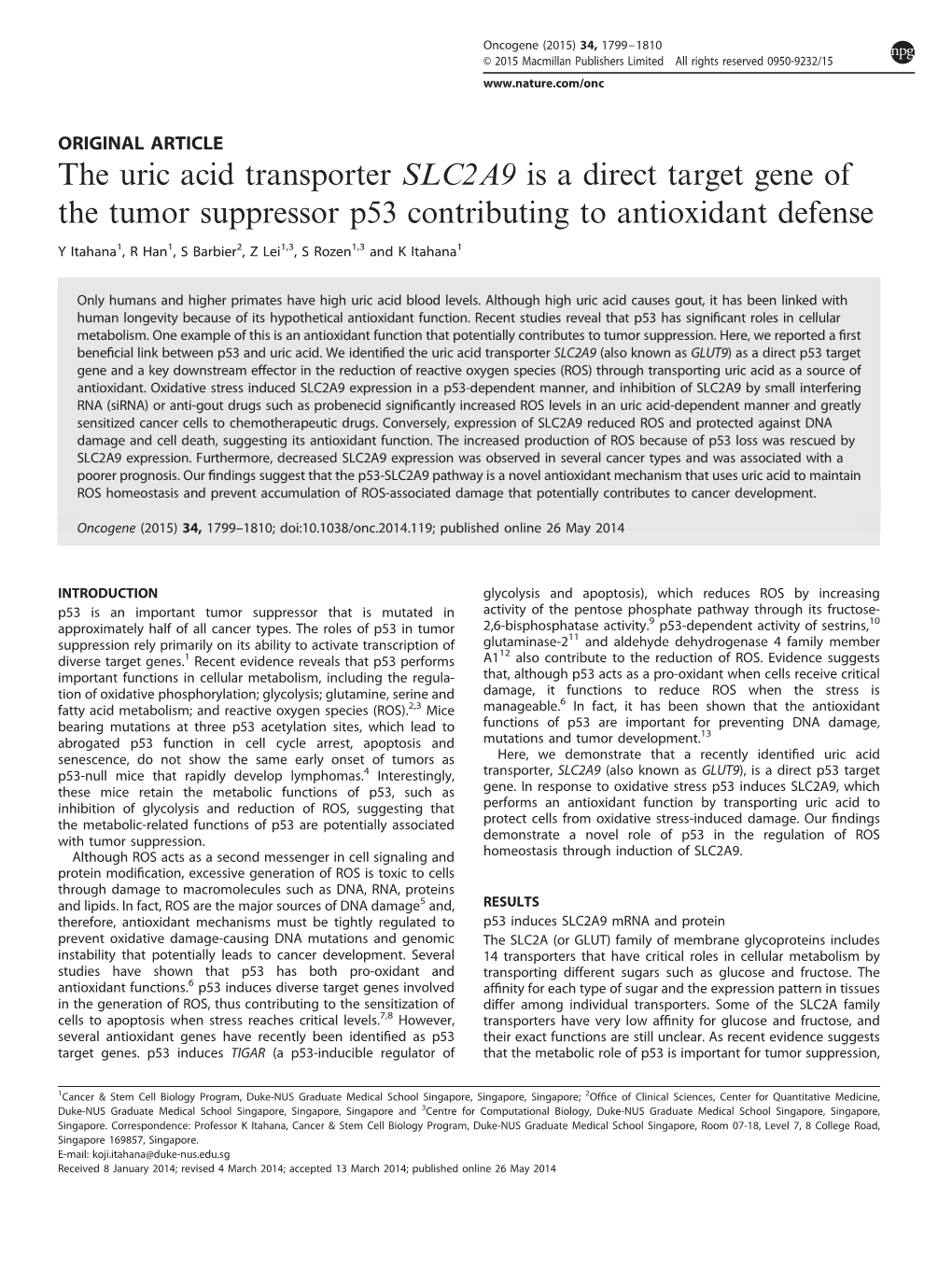 The Uric Acid Transporter SLC2A9 Is a Direct Target Gene of the Tumor Suppressor P53 Contributing to Antioxidant Defense