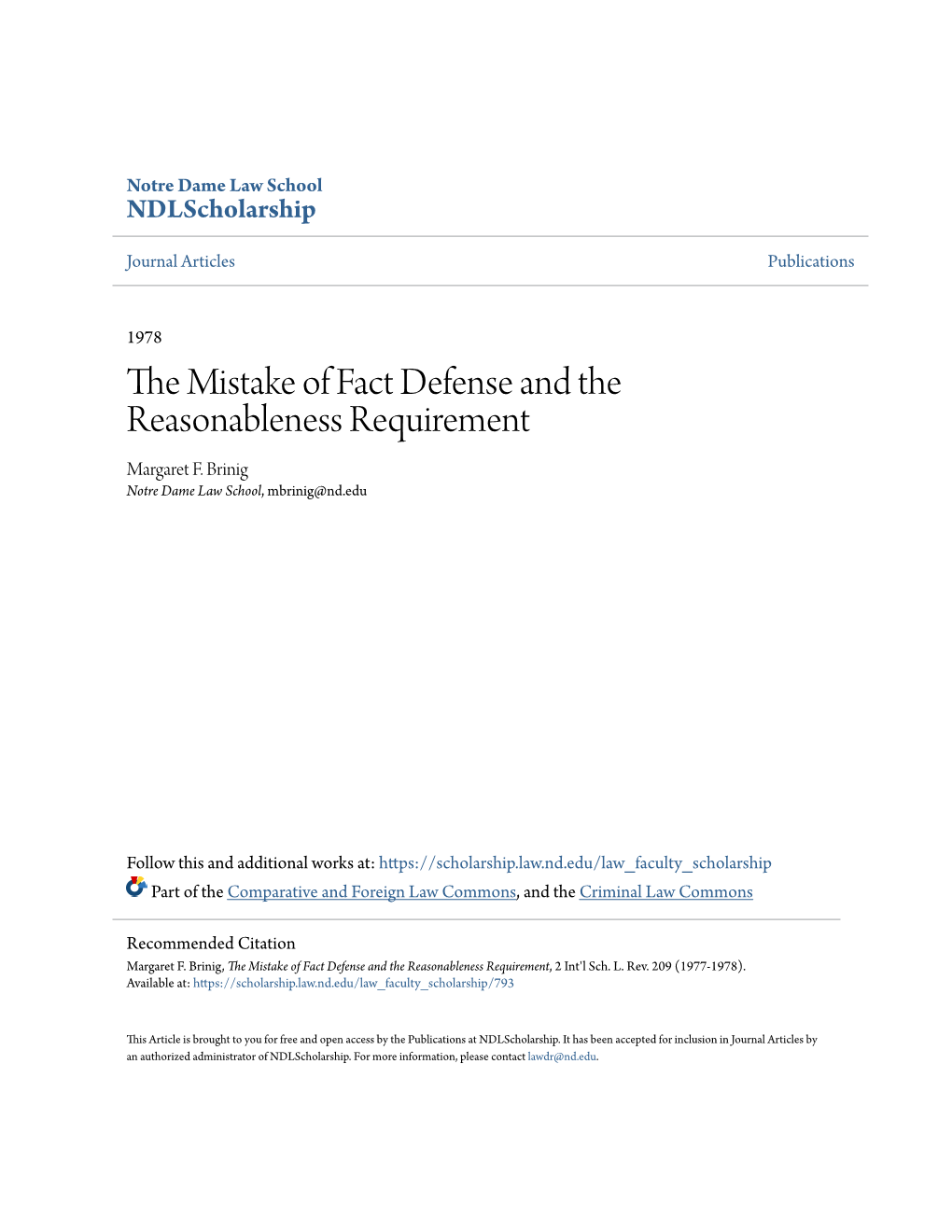 The Mistake of Fact Defense and the Reasonableness Requirement, 2 Int'l Sch