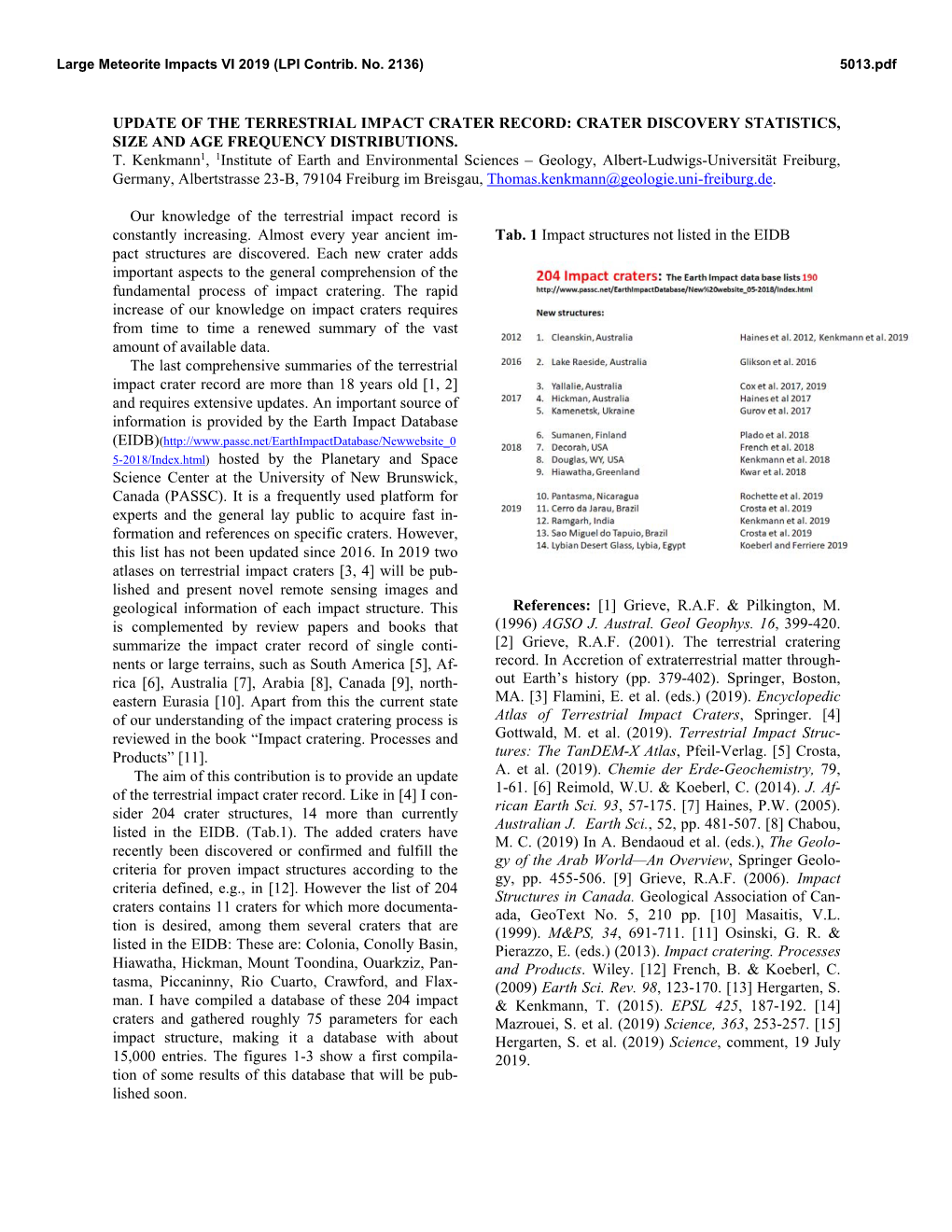 Update of the Terrestrial Impact Crater Record: Crater Discovery Statistics, Size and Age Frequency Distributions