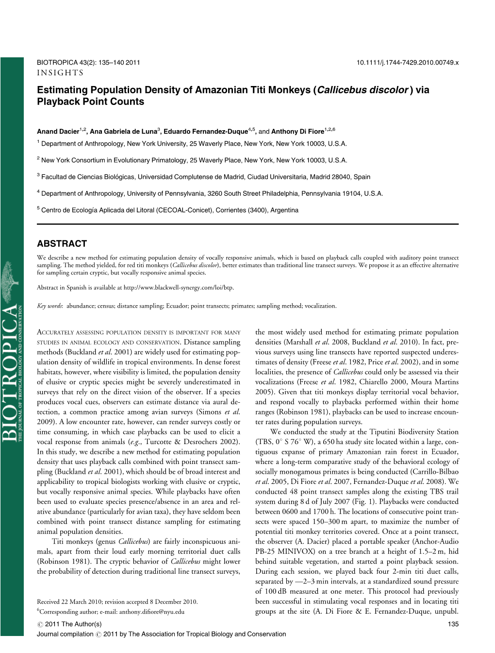 Estimating Population Density of Amazonian Titi Monkeys (Callicebus Discolor ) Via Playback Point Counts