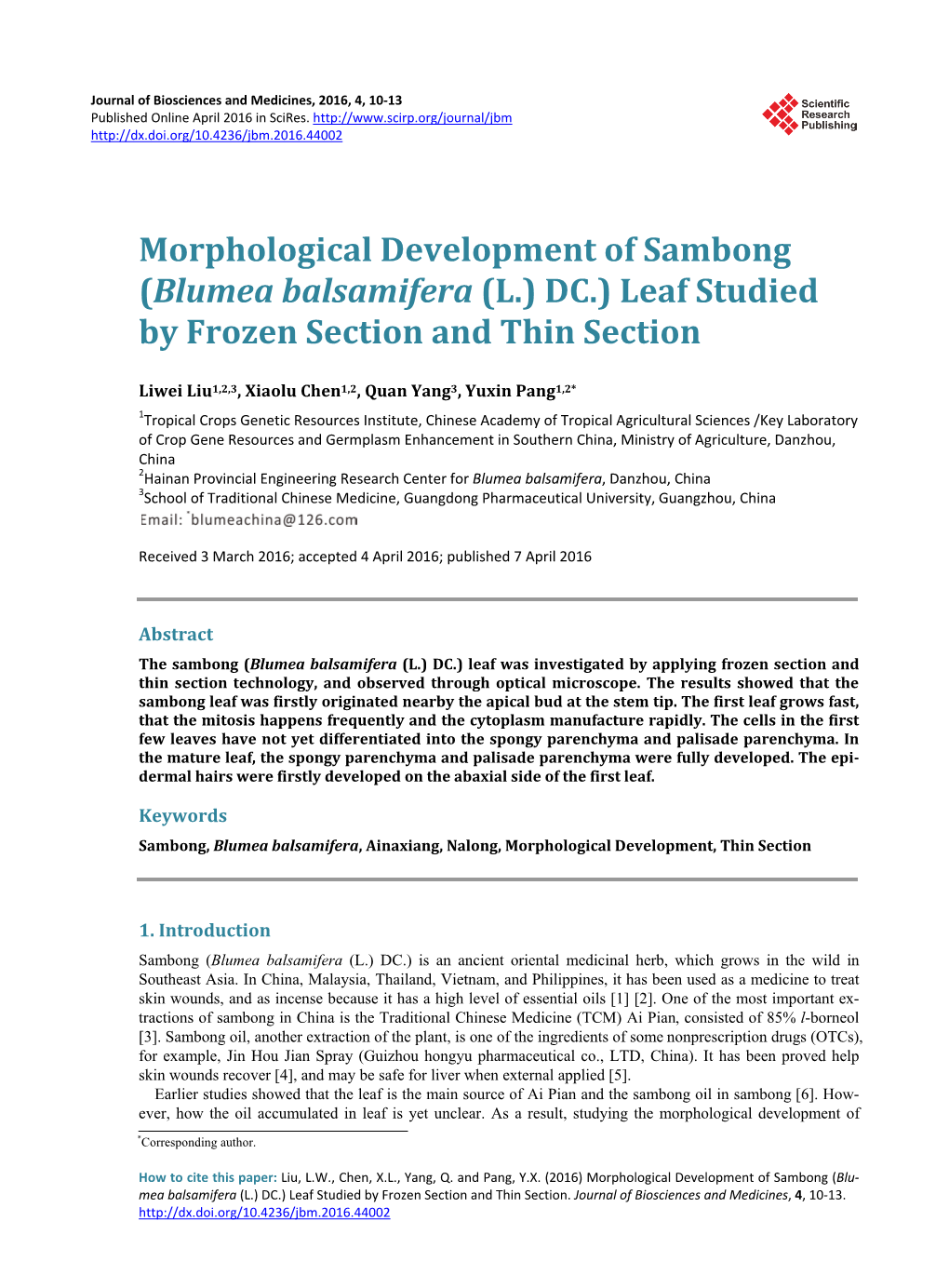 Morphological Development of Sambong (Blumea Balsamifera (L.) DC.) Leaf Studied by Frozen Section and Thin Section