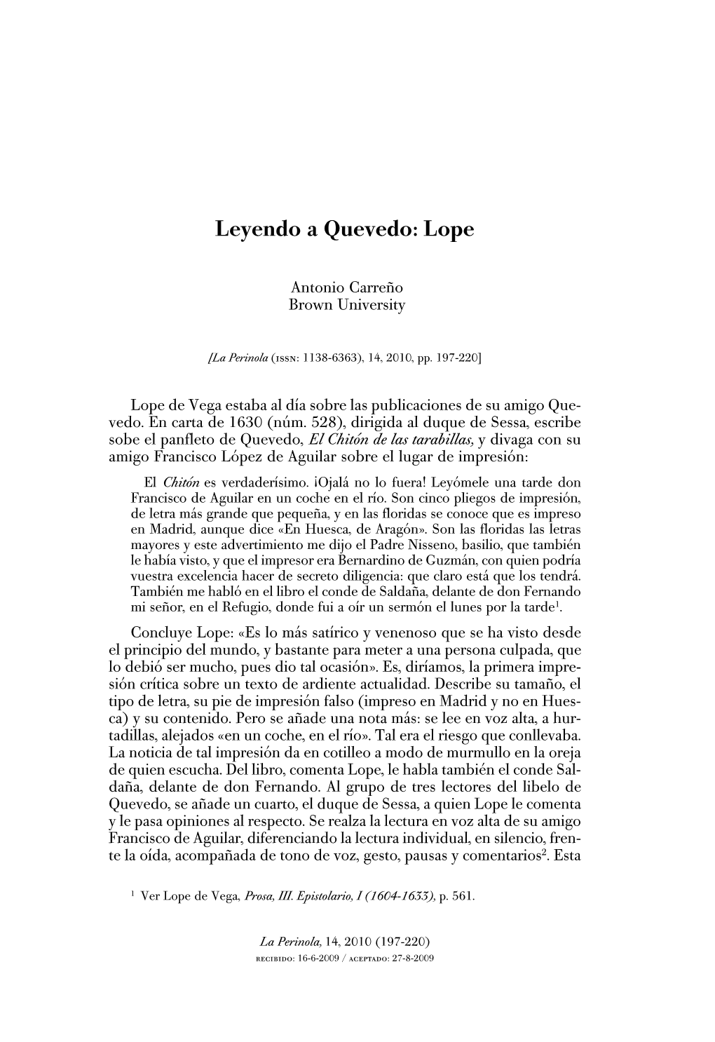 Leyendo a Quevedo: Lope