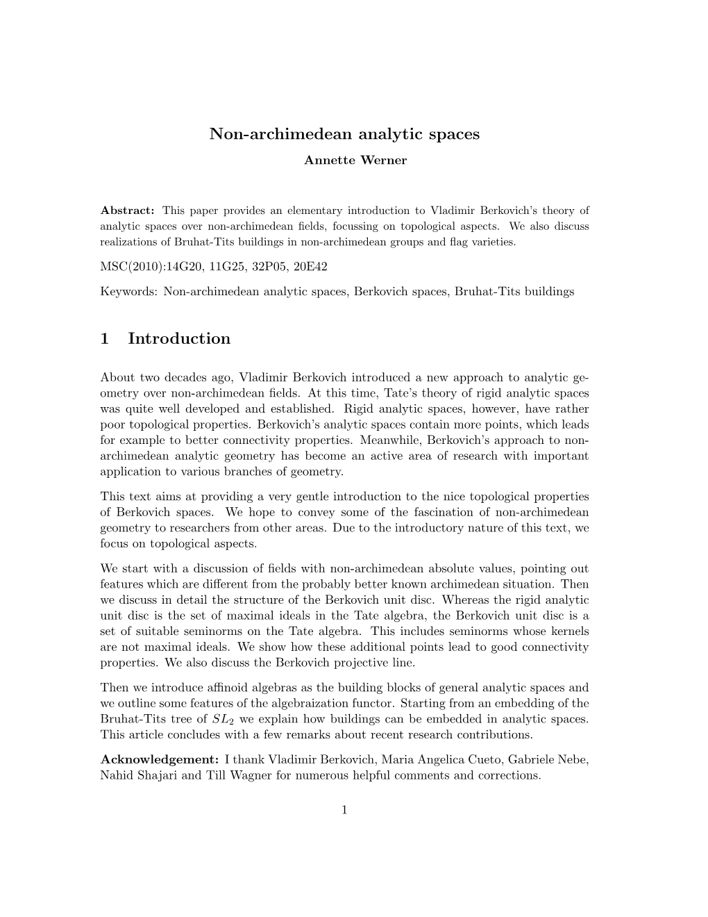 Non-Archimedean Analytic Spaces 1 Introduction