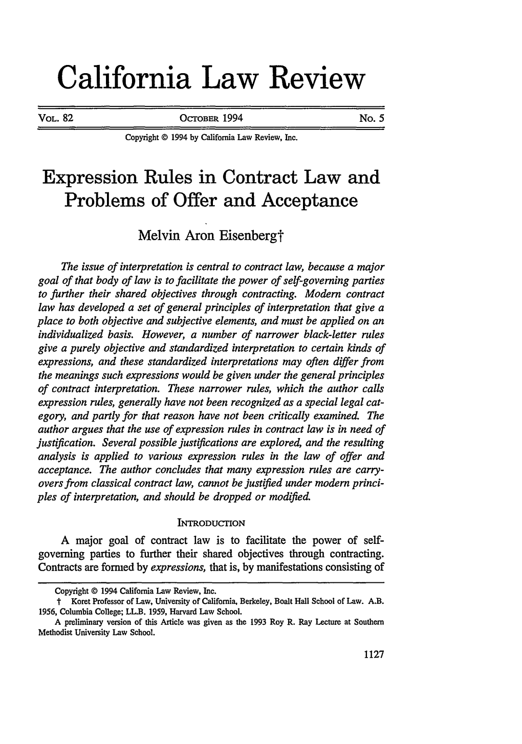 Expression Rules in Contract Law and Problems of Offer and Acceptance