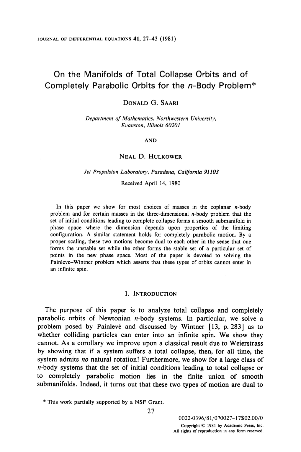 On the Manifolds of Total Collapse Orbits and of Completely Parabolic Orbits for the N-Body Problem*