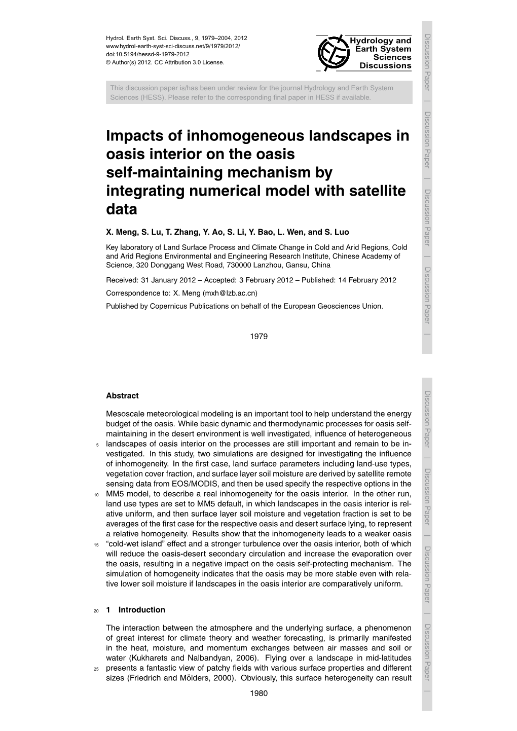 Impacts of Inhomogeneous Landscapes in Oasis Interior on the Oasis Self-Maintaining Mechanism by Integrating Numerical Model with Satellite Data X
