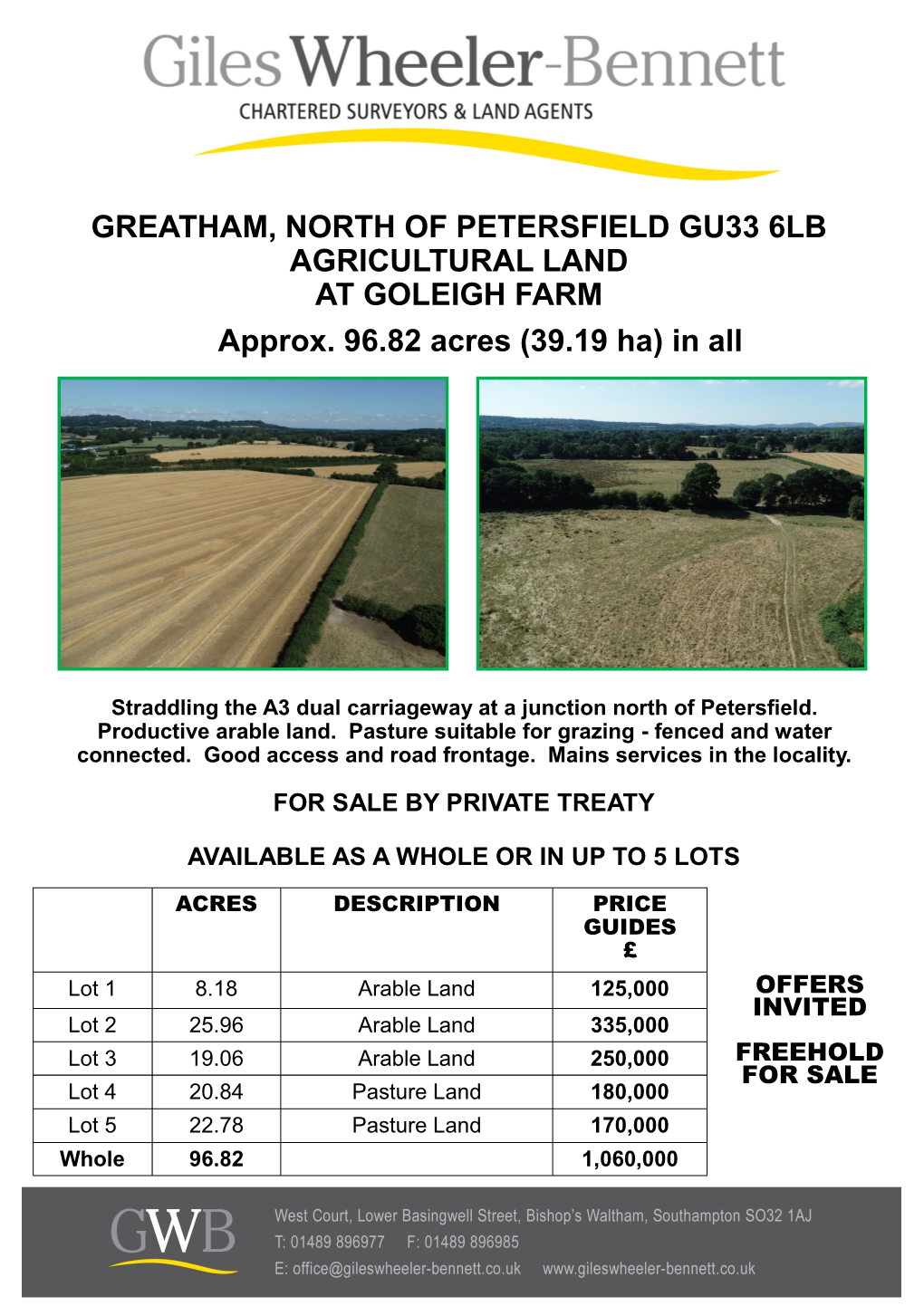 GREATHAM, NORTH of PETERSFIELD GU33 6LB AGRICULTURAL LAND at GOLEIGH FARM Approx