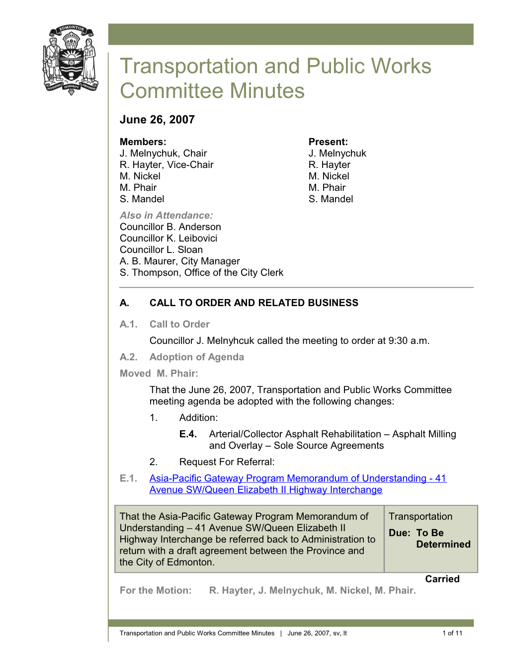 Minutes for Transportation and Public Works Committee June 26, 2007 Meeting