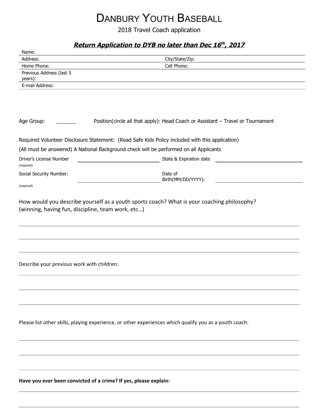 Head Coach & Assistant Coach Application Form