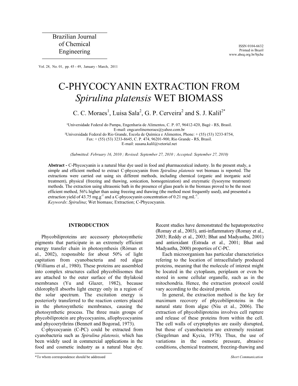 C-PHYCOCYANIN EXTRACTION from Spirulina Platensis WET BIOMASS