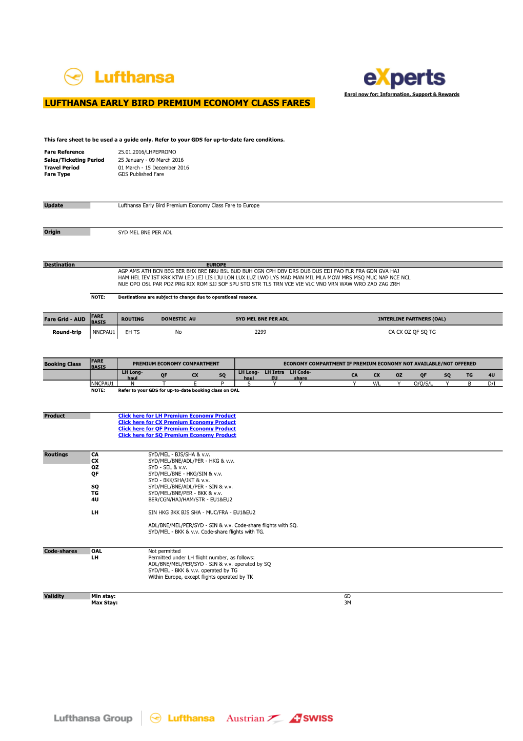 Lufthansa Early Bird Premium Economy Class Fares