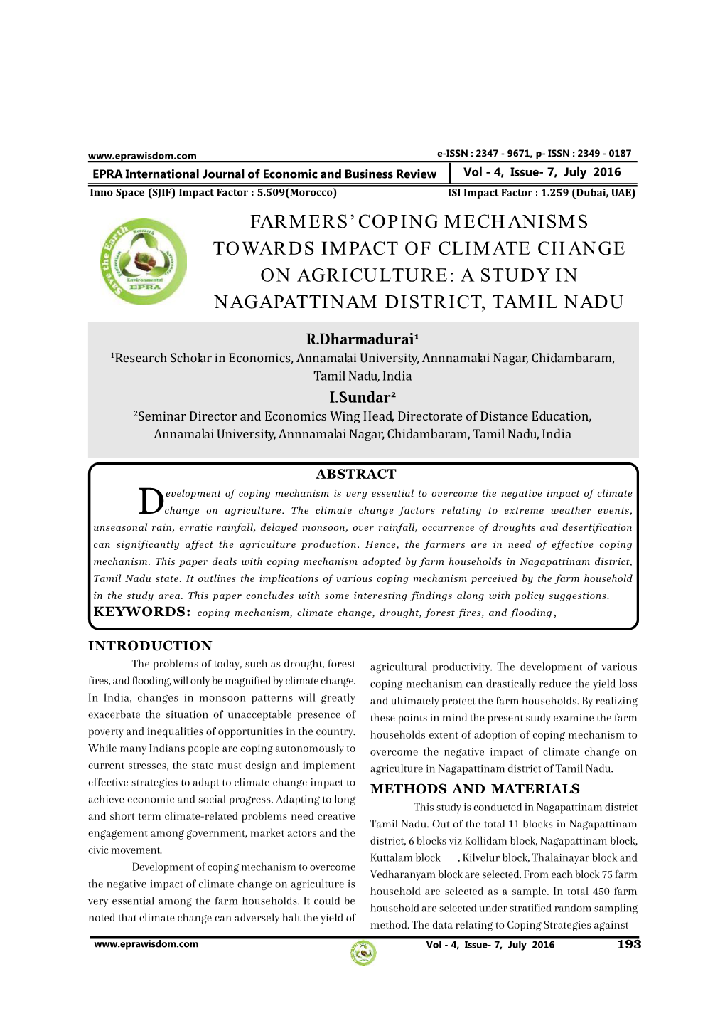 Farmers' Coping Mechanisms Towards Impact of Climate Change on Agriculture: a Study in Nagapattinam District, Tamil Nadu
