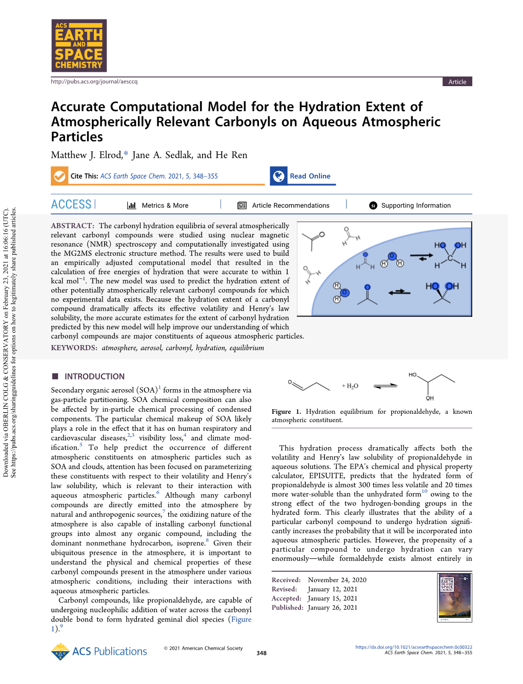 Accurate Computational Model for the Hydration Extent of Atmospherically Relevant Carbonyls on Aqueous Atmospheric Particles Matthew J